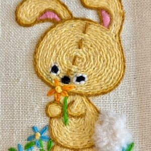 Vintage| Set of 3| 1970s Embroidered Crewel Bunny, Bear, Lamb Framed Nursery Art